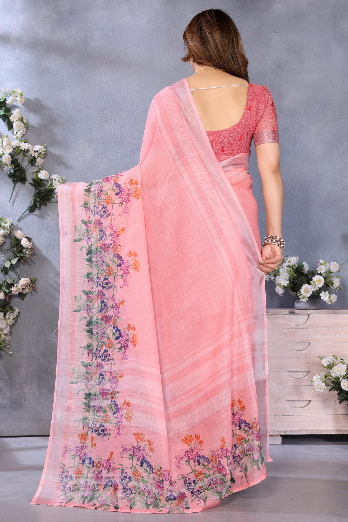 Peach Colour Linen Cotton Printed Saree