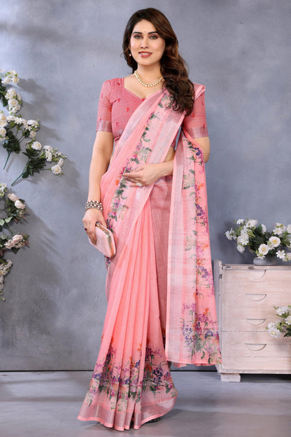 Peach Colour Linen Cotton Printed Saree