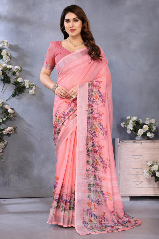 Peach Colour Linen Cotton Printed Saree