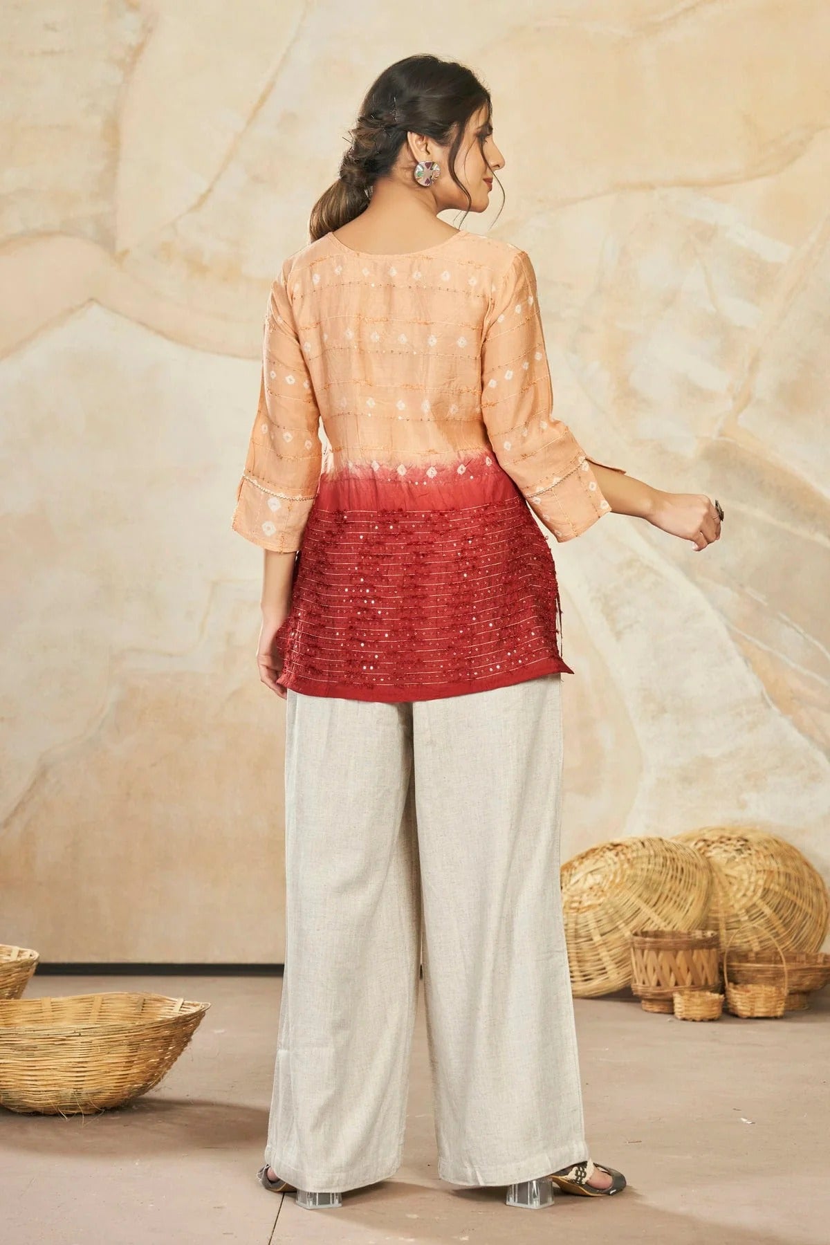 Peach Colour Modal Silk Sequins Work Work Readymade Top TP1110756 A