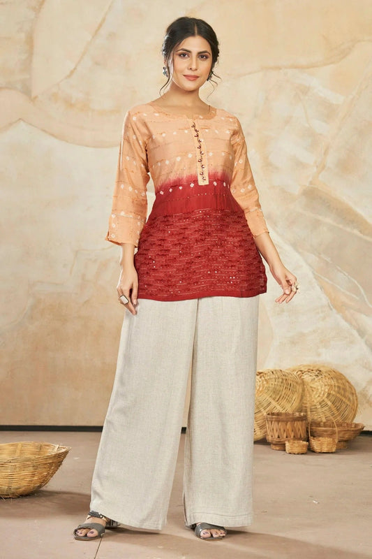 Peach Colour Modal Silk Sequins Work Work Readymade Top TP1110756