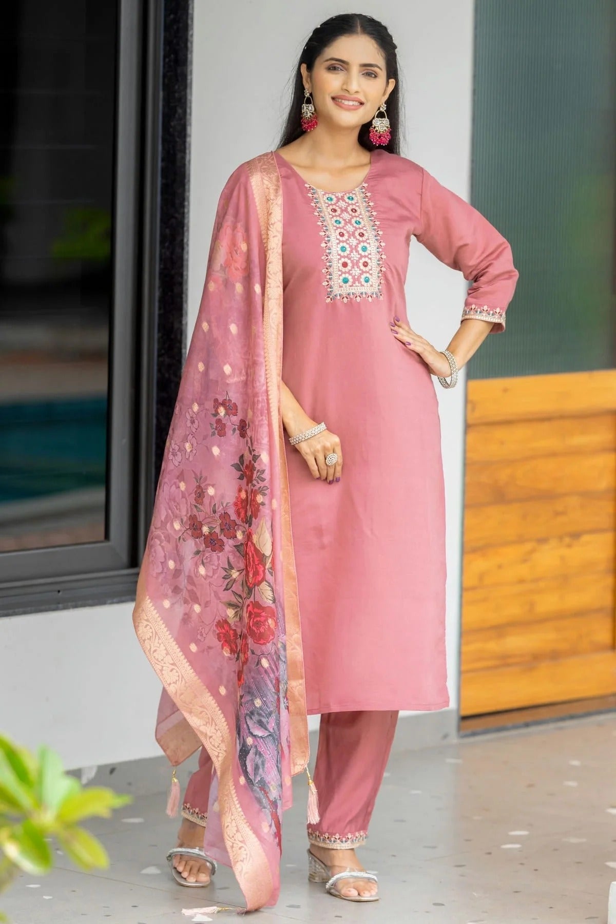 Peach Colour Modal Silk Stitched Suit SS1112276