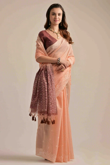 Peach Colour Muga Cotton Traditional Saree SD1260095 A