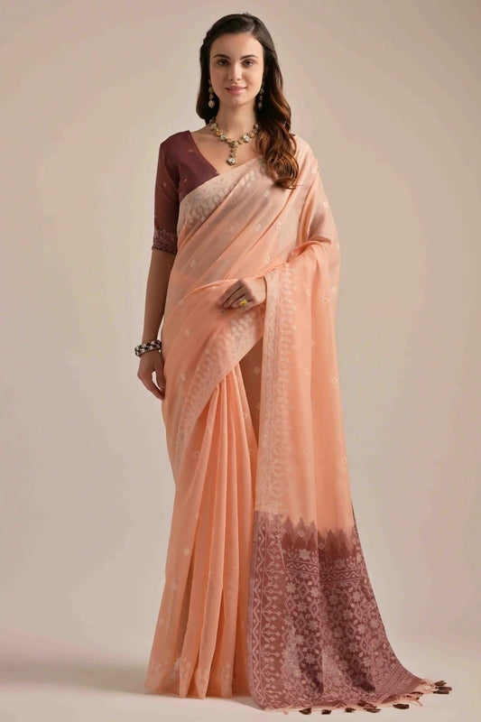 Peach Colour Muga Cotton Traditional Saree SD1260095