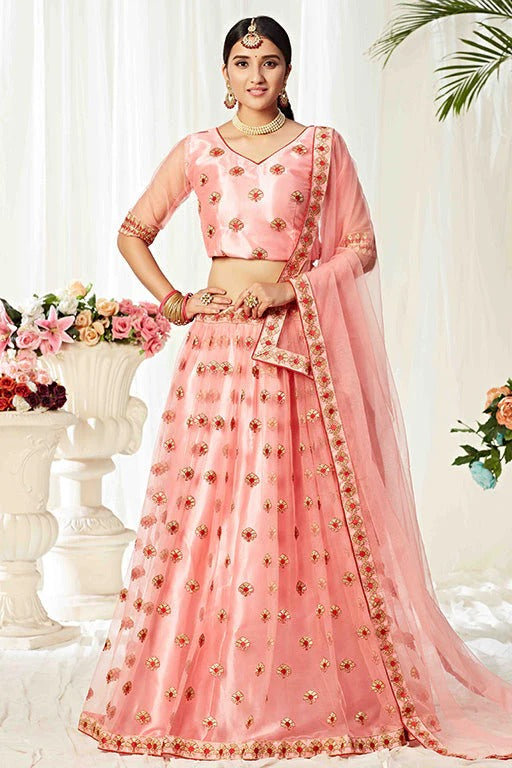 Peach Colour Net Designer Lehenga Choli LC1240011