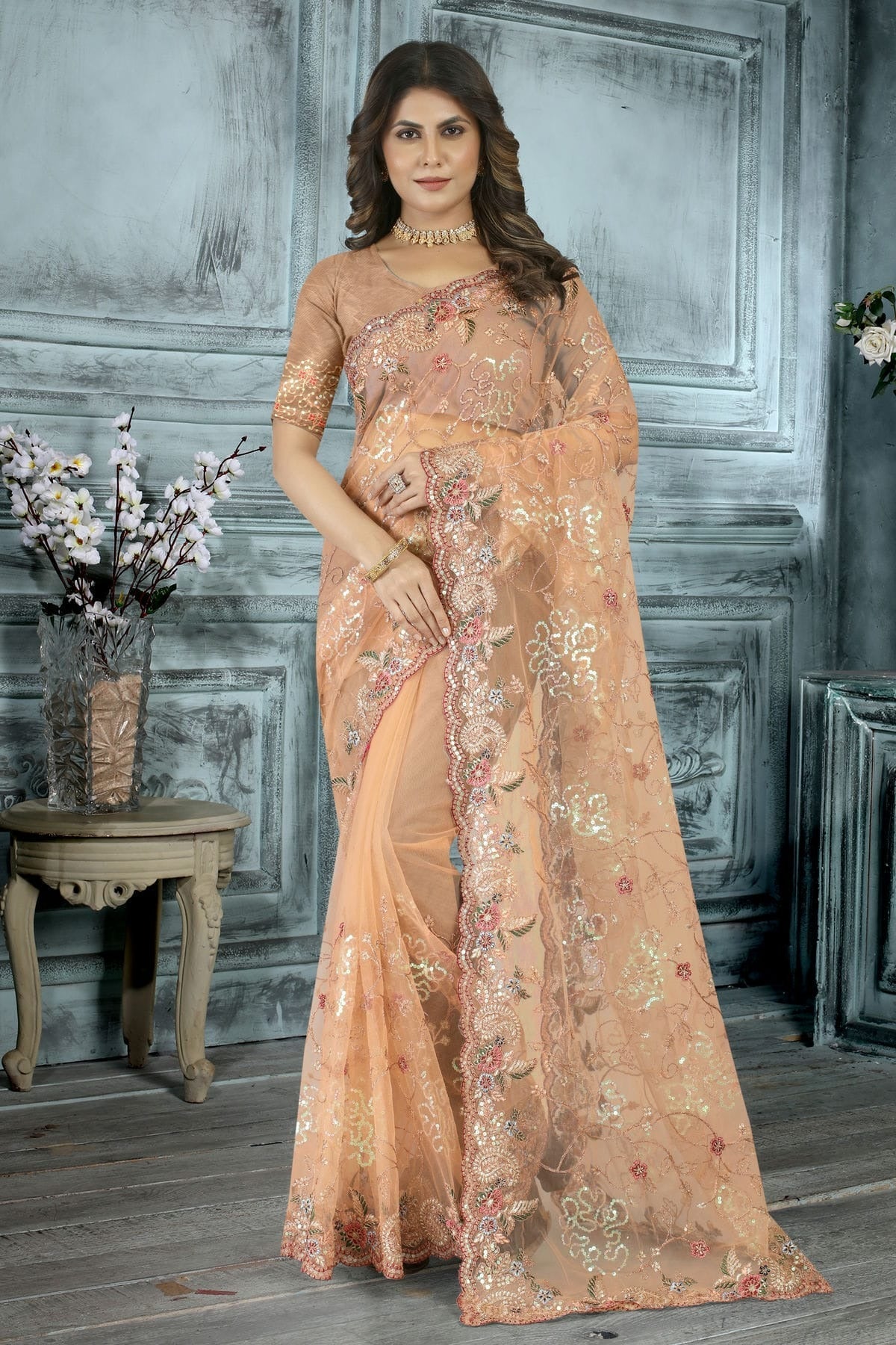 Peach Colour Net Designer Saree LC1121413