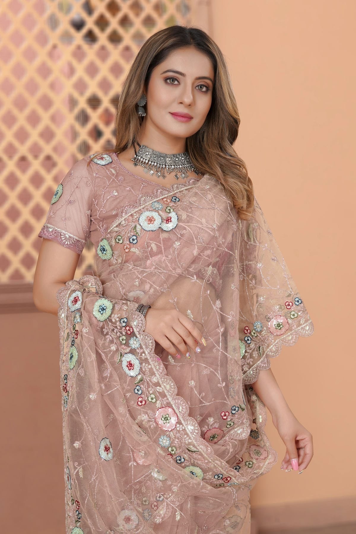 Peach Colour Net Designer Saree LC1121437 A