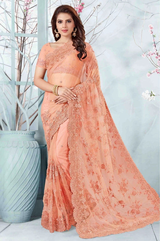 Peach Colour Net Designer Saree SD1090054