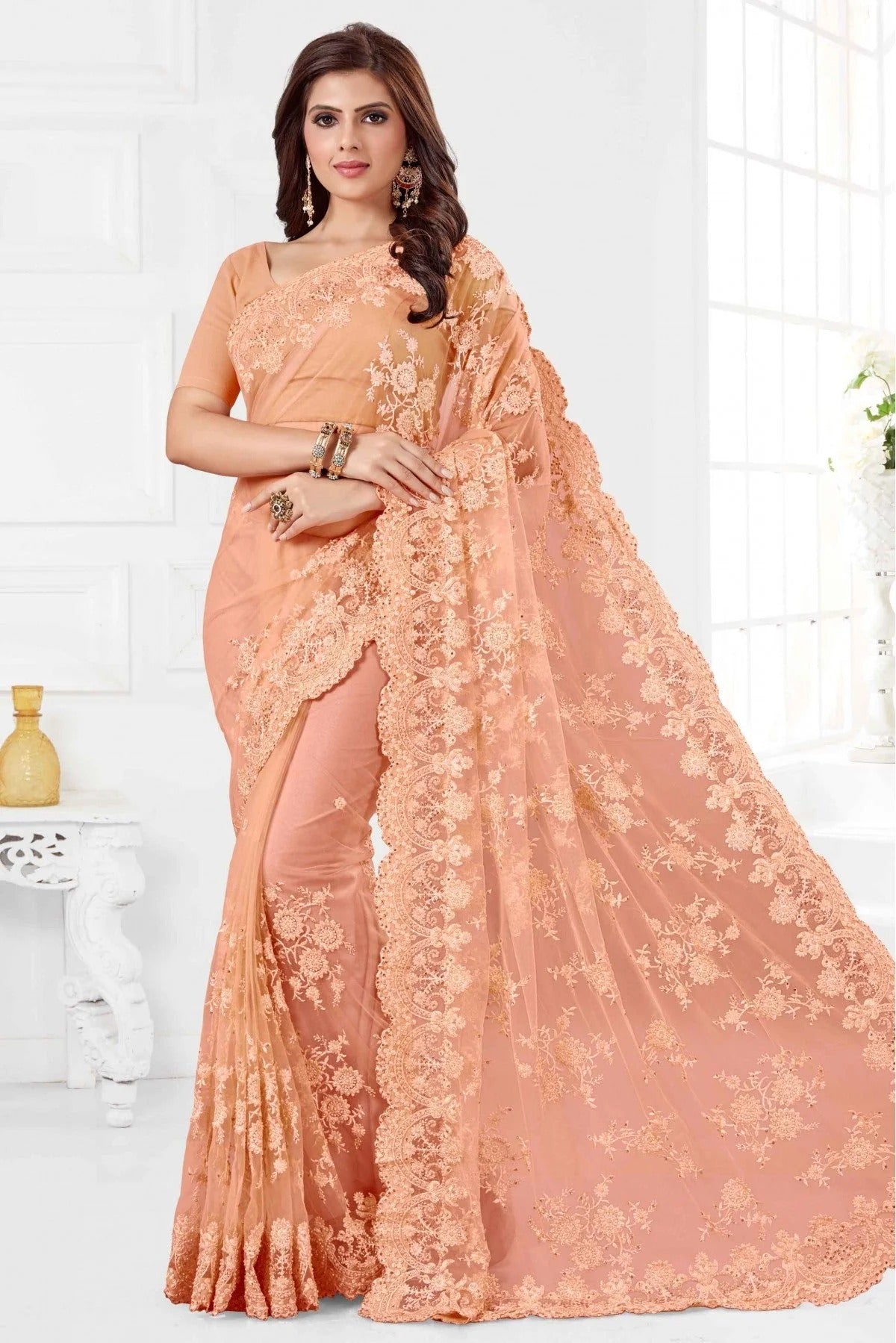 Peach Colour Net Designer Saree SD1090057