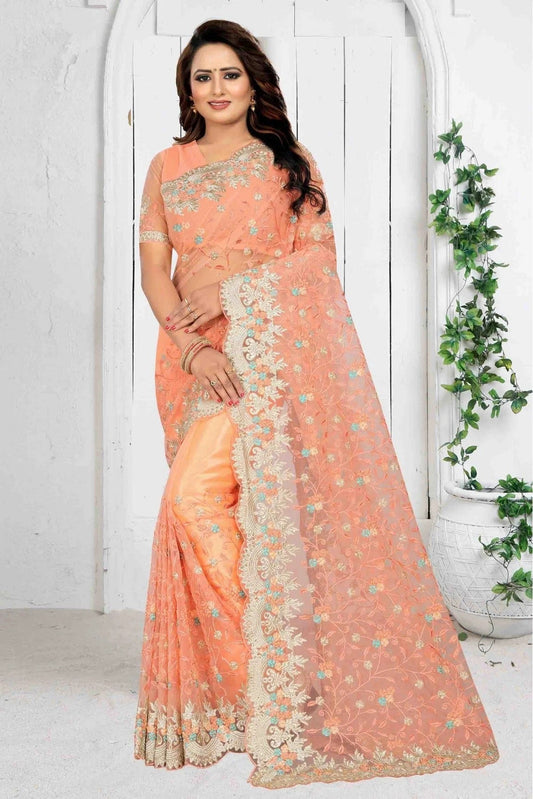 Peach Colour Net Designer Saree SD1090084