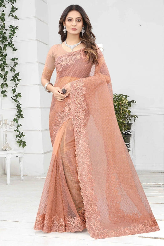 Peach Colour Net Designer Saree SD1090235