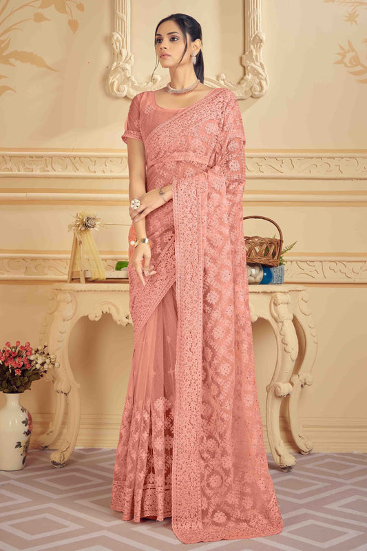 Peach Colour Net Designer Saree SD1090477