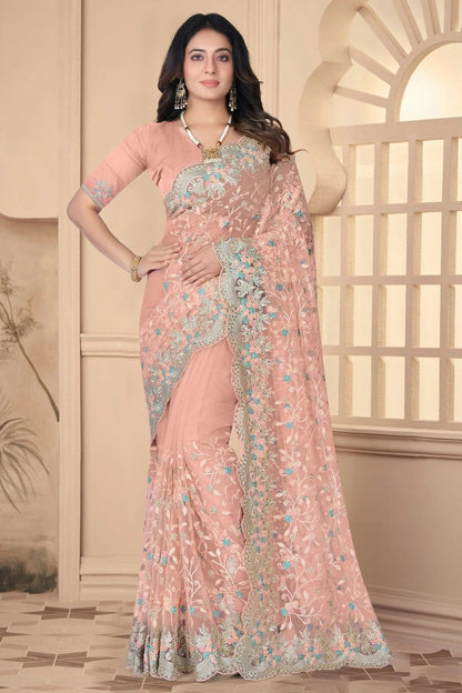 Peach Colour Net Designer Saree SD1091086