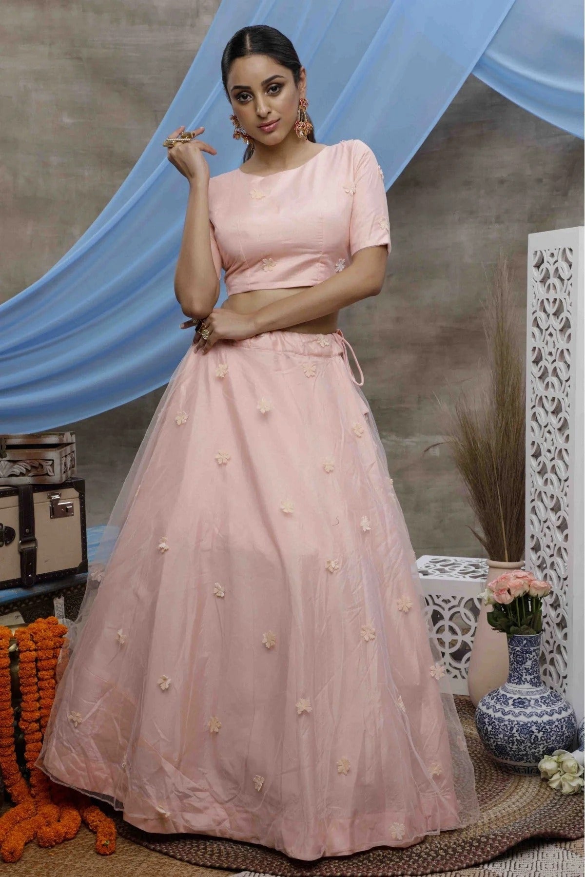 Peach Colour Net Embroidery Lehenga Choli LC1150024 A