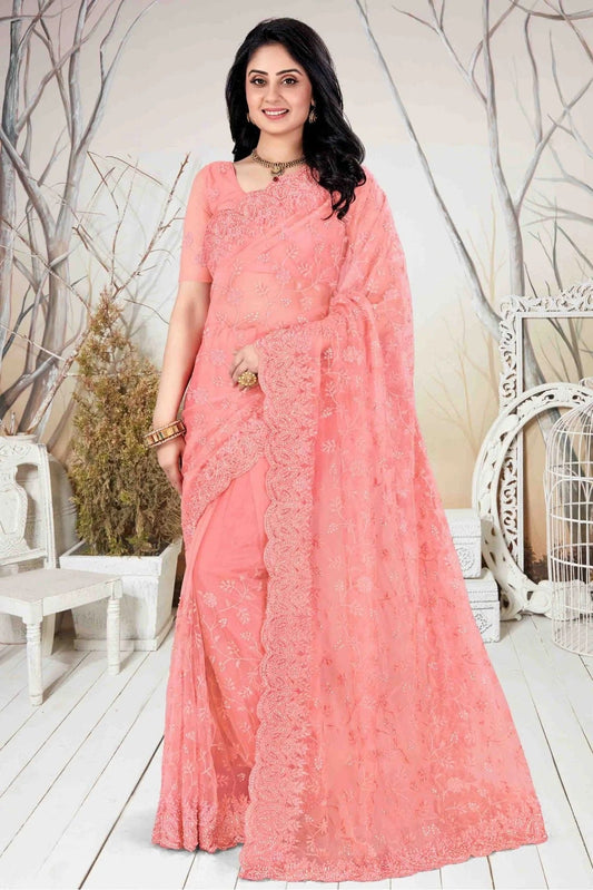 Peach Colour Net Embroidery Saree SD1090118