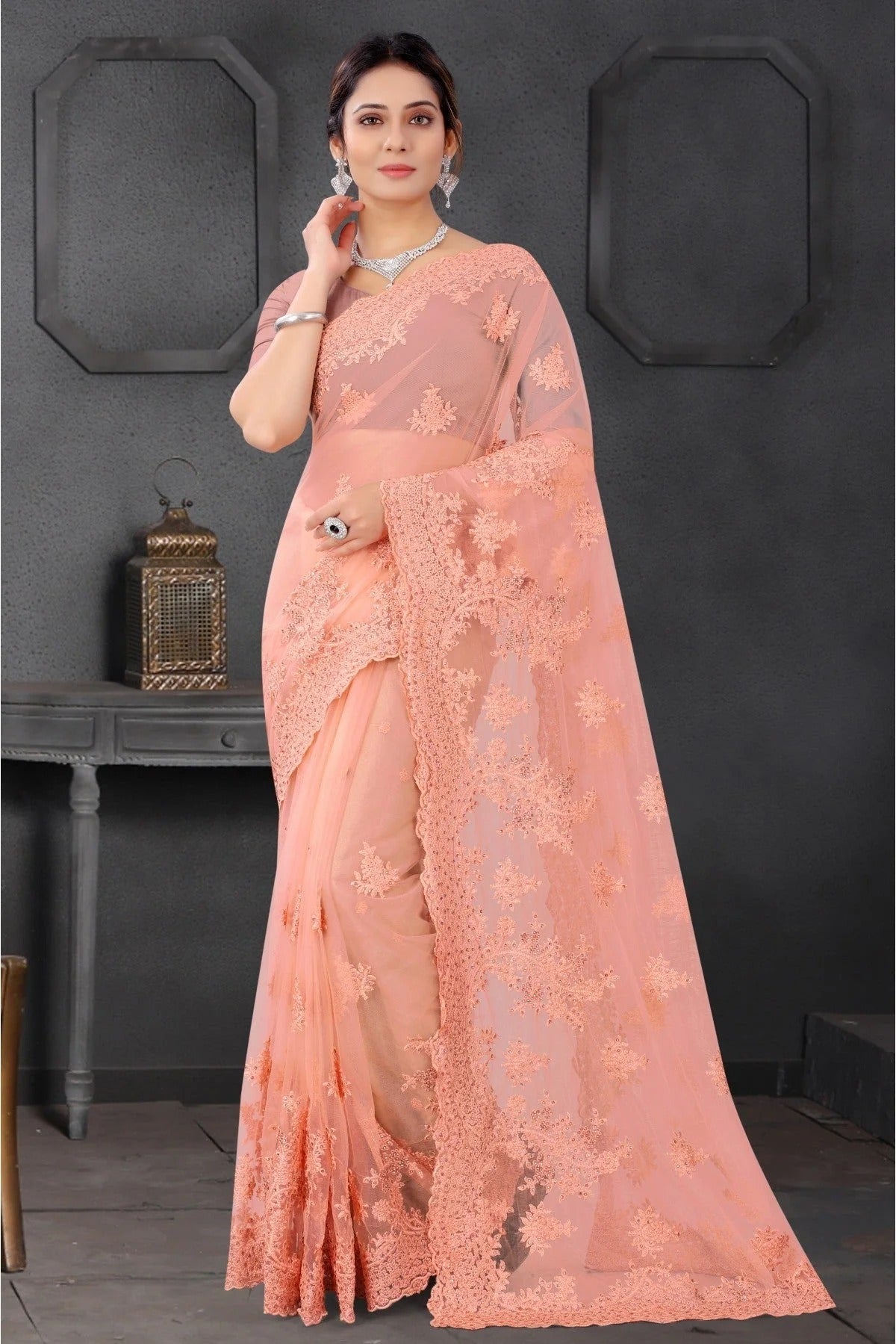 Peach Colour Net Embroidery Saree SD1090200