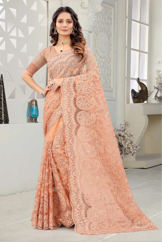 Peach Colour Net Embroidery Saree SD1090231