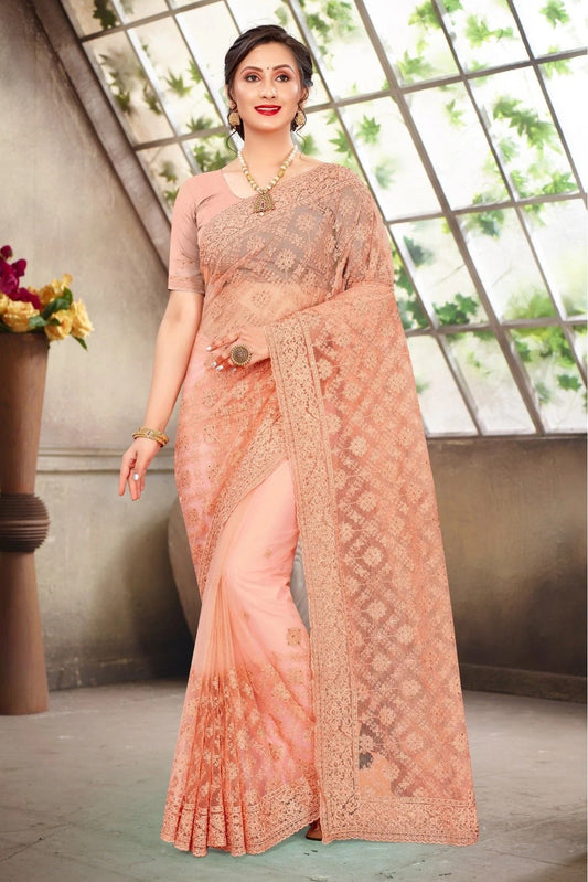 Peach Colour Net Embroidery Saree SD1090381