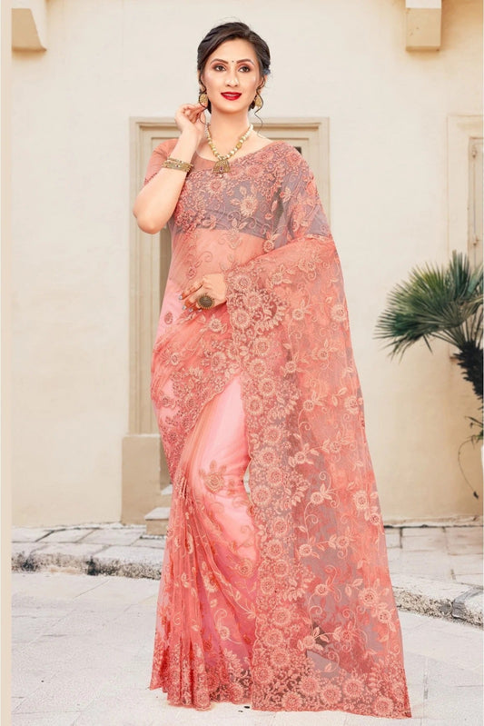 Peach Colour Net Embroidery Saree SD1090391