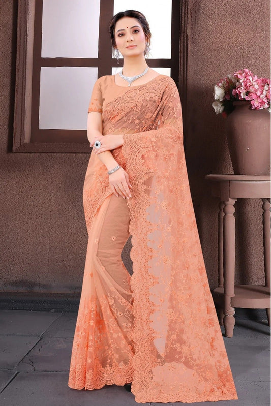 Peach Colour Net Embroidery Saree SD1090418