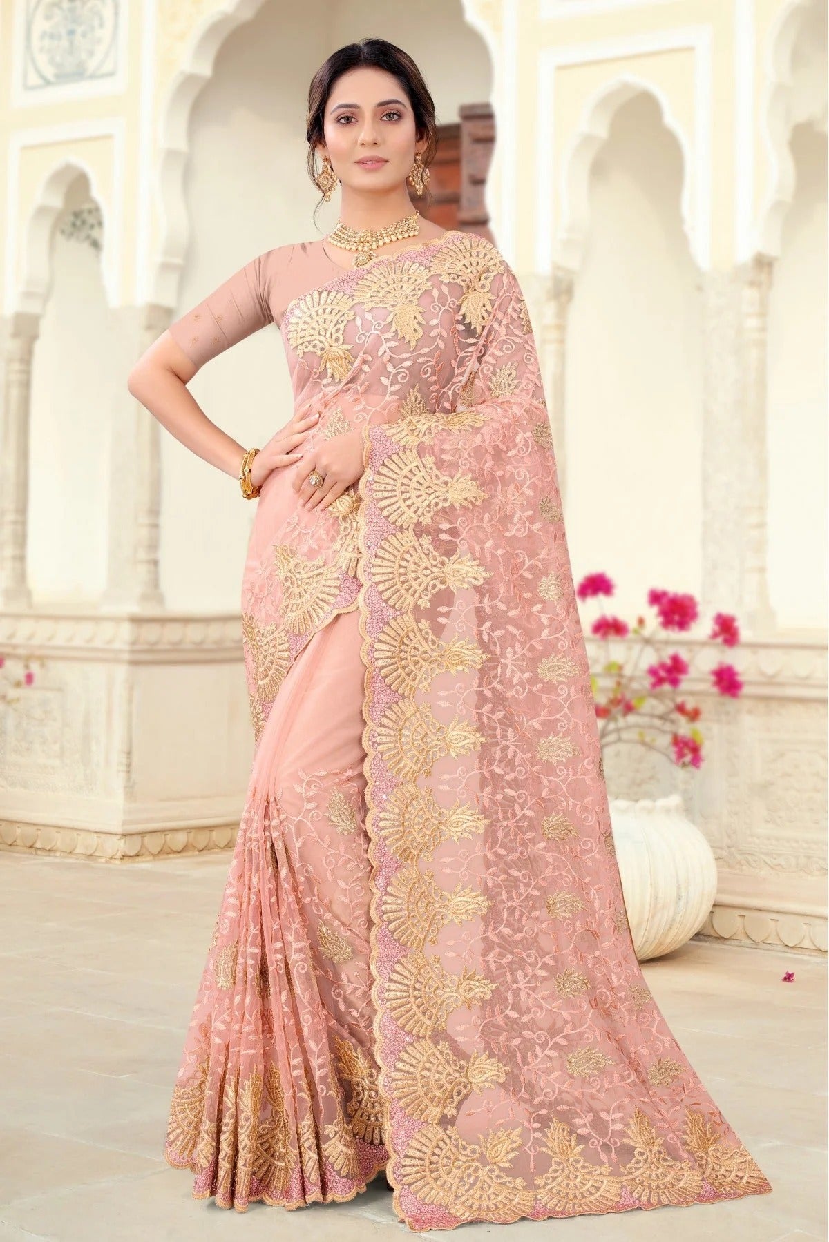 Peach Colour Net Embroidery Saree SD1090442