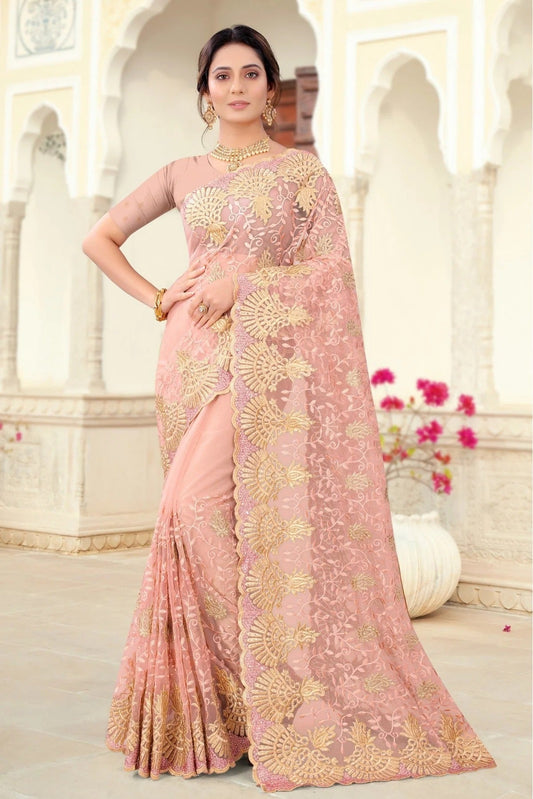 Peach Colour Net Embroidery Saree SD1090442