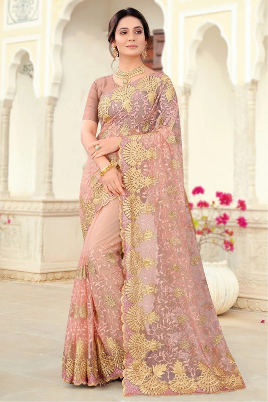 Peach Colour Net Embroidery Saree SD1090445