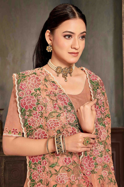 Peach Colour Net Embroidery Work Designer Saree SD1091235 A