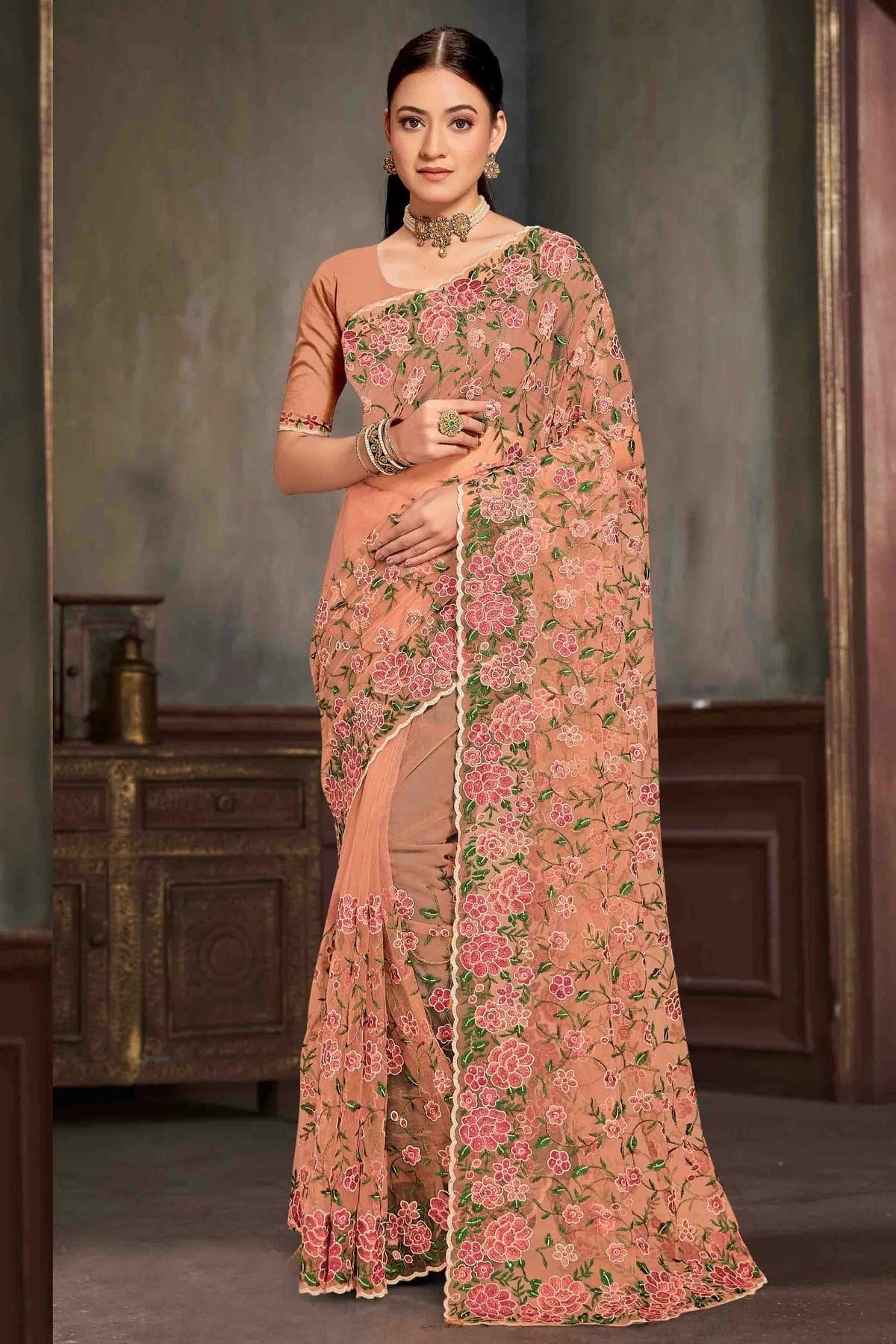 Peach Colour Net Embroidery Work Designer Saree SD1091235
