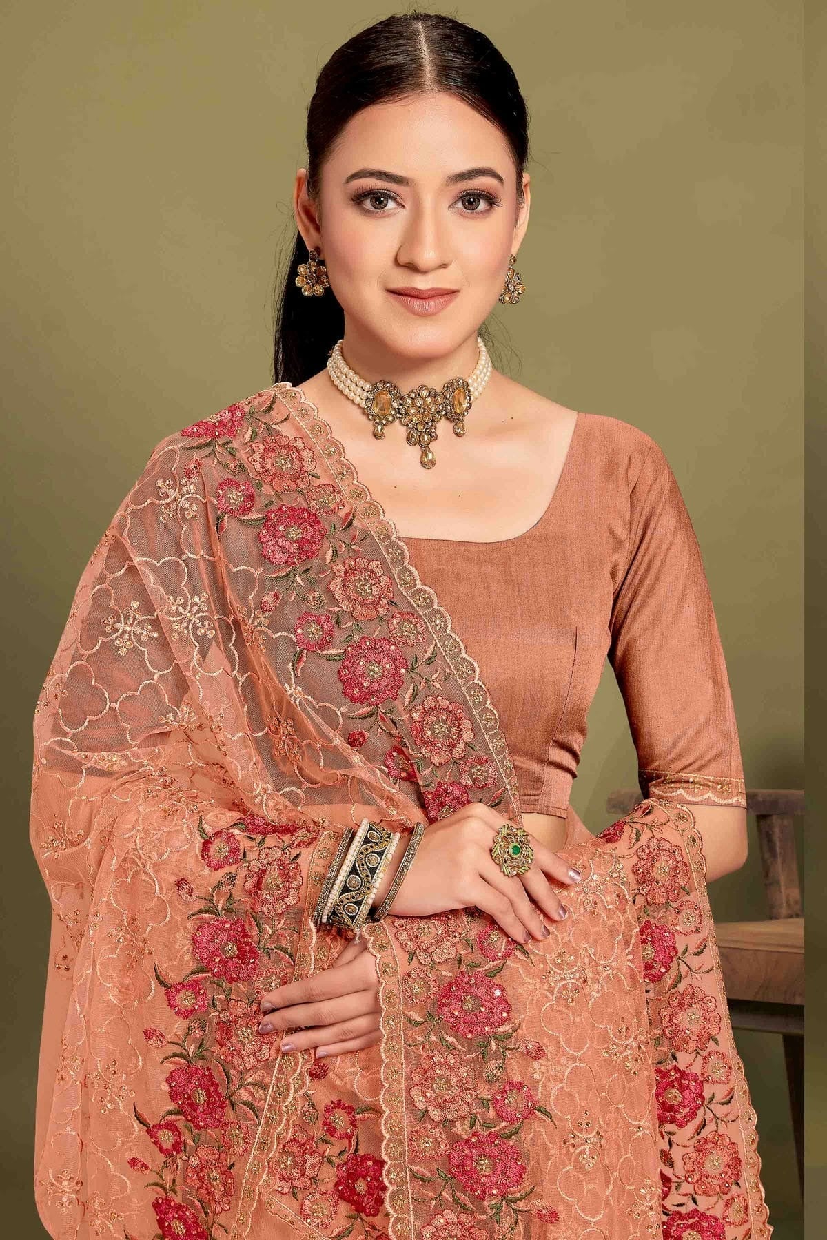 Peach Colour Net Embroidery Work Designer Saree SD1091240 A