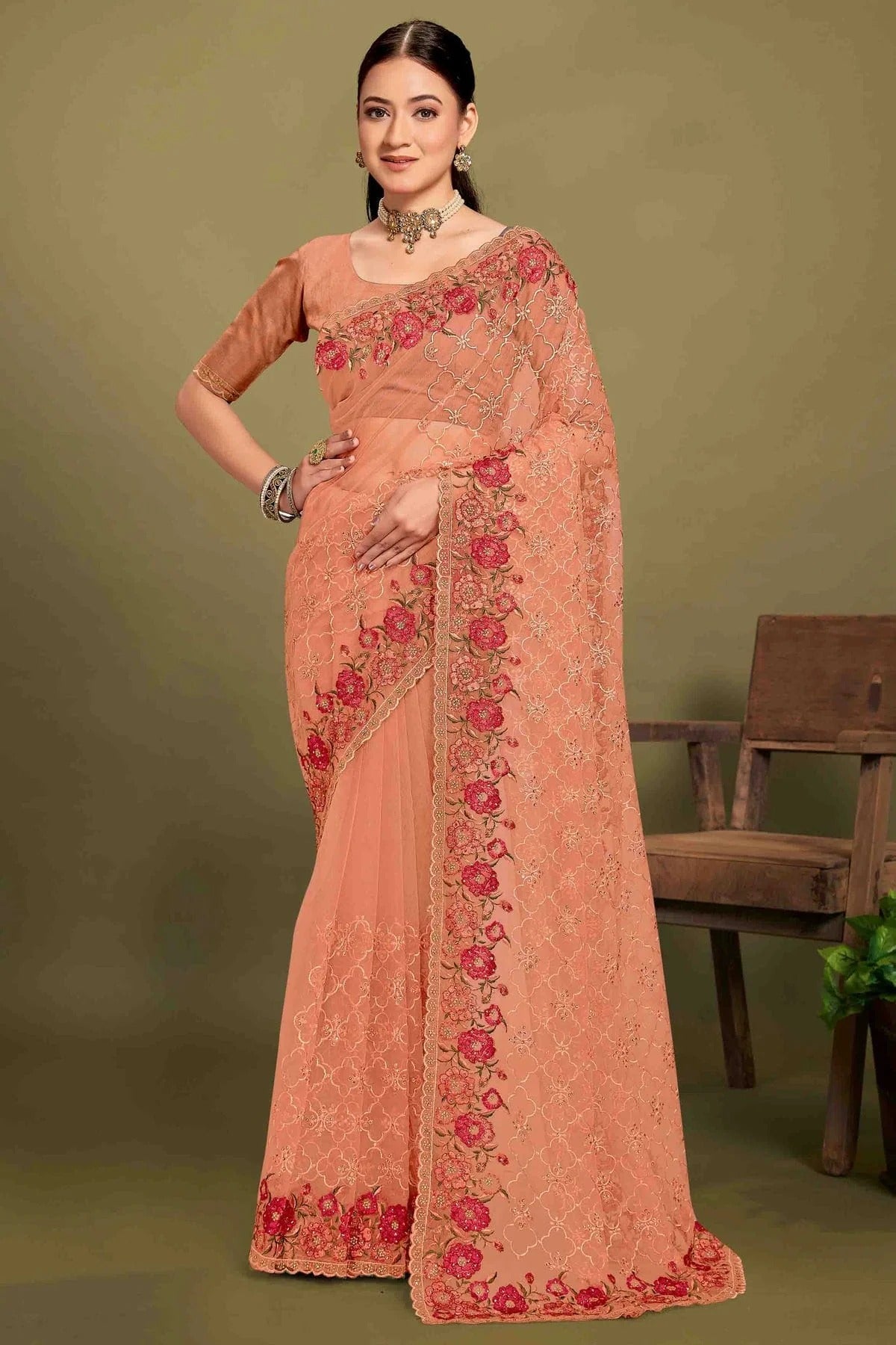Peach Colour Net Embroidery Work Designer Saree SD1091240