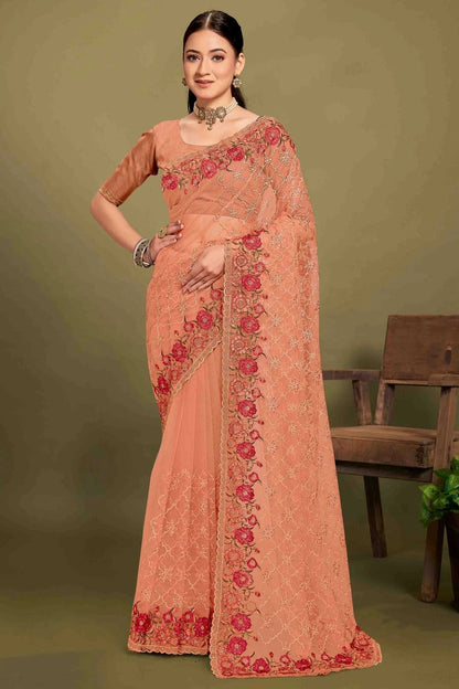 Peach Colour Net Embroidery Work Designer Saree SD1091240