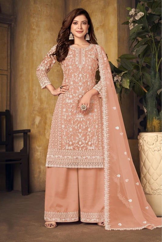 Peach Colour Net Palazzo Pant Suit SM1050163