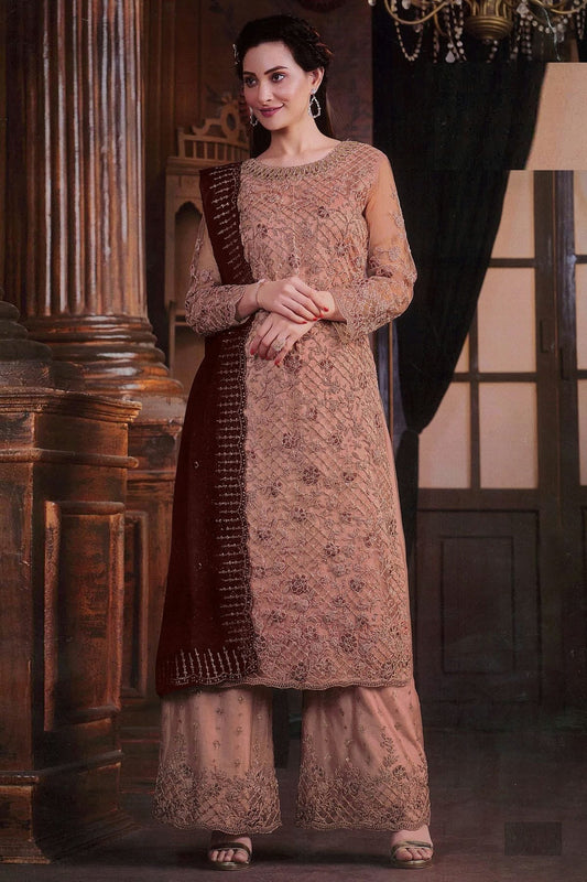 Peach Colour Net Palazzo Pant Suit SM1110626
