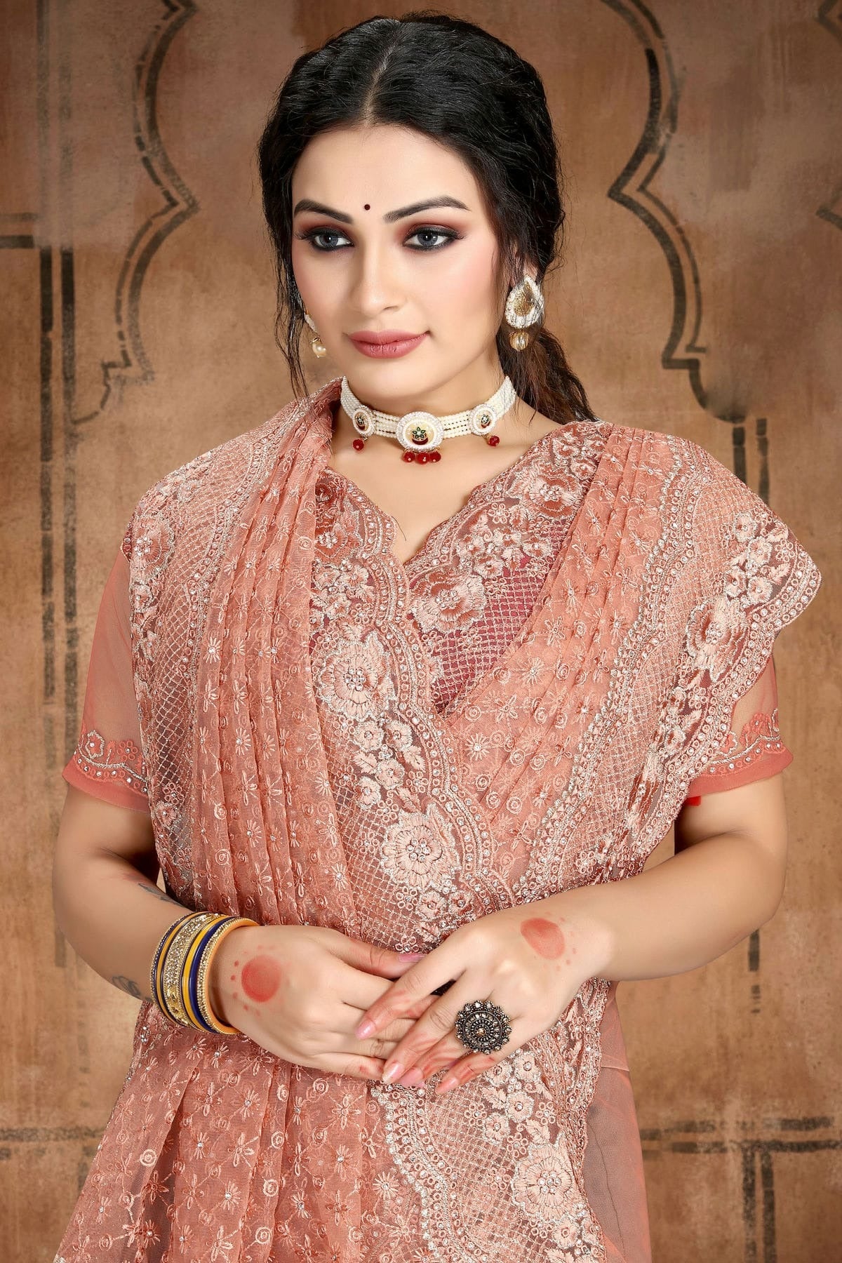 Peach Colour Net Saree SD1090752 A_0c178ff9 4d67 4e03 a10d 8fb0fb34f9a3