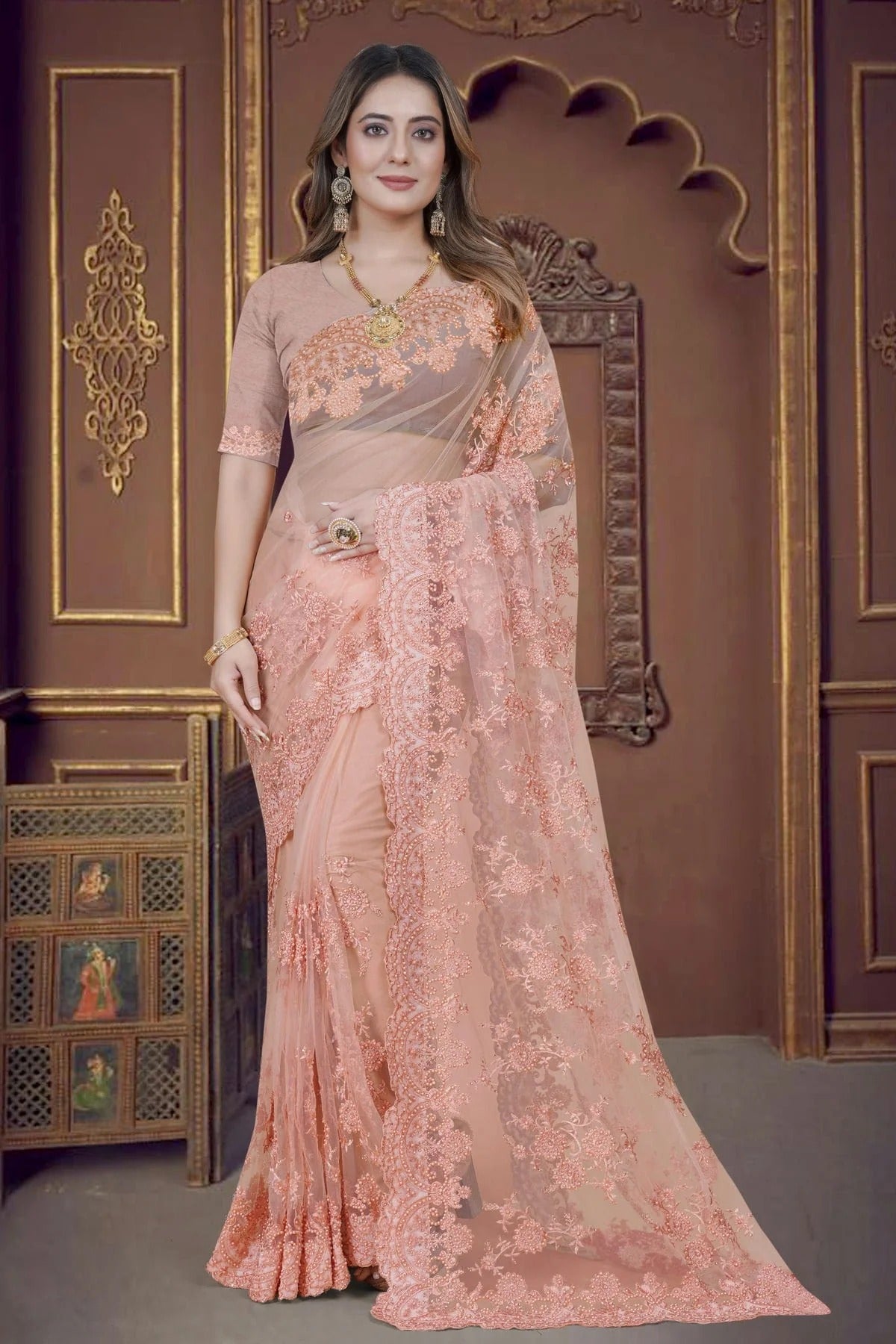 Peach Colour Net Saree SD1090911_379a740f f52d 439c ae49 983a8f5d5f4f