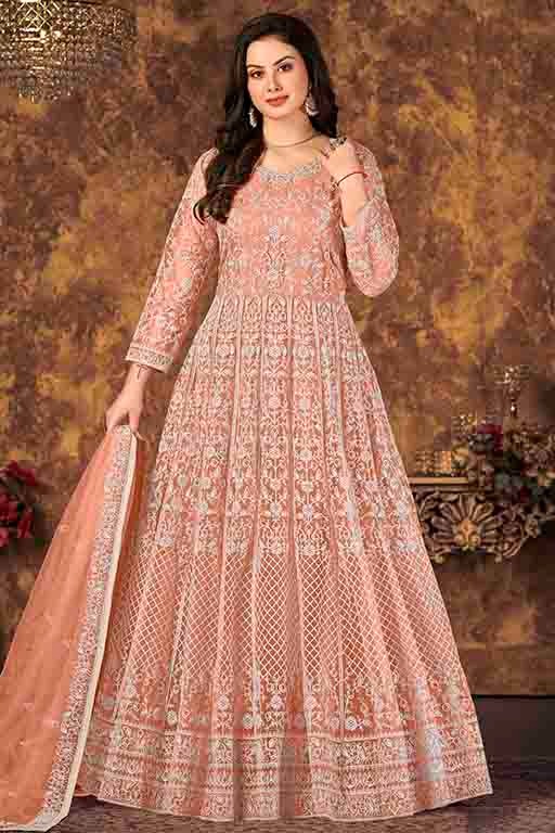 Peach Colour Net Semi Stitched Anarkali Suit SM1050305