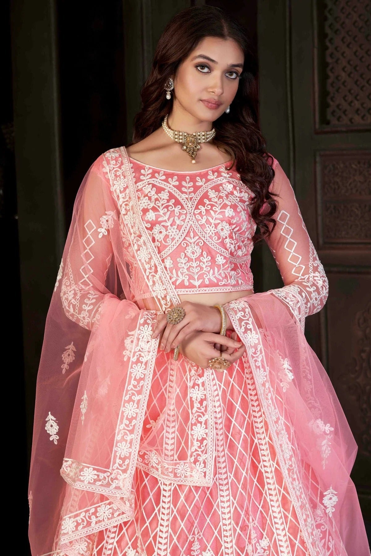 Peach Colour Net Semi Stitched Lehenga Choli LC1170057 B