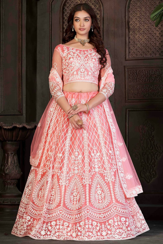 Peach Colour Net Semi Stitched Lehenga Choli LC1170057