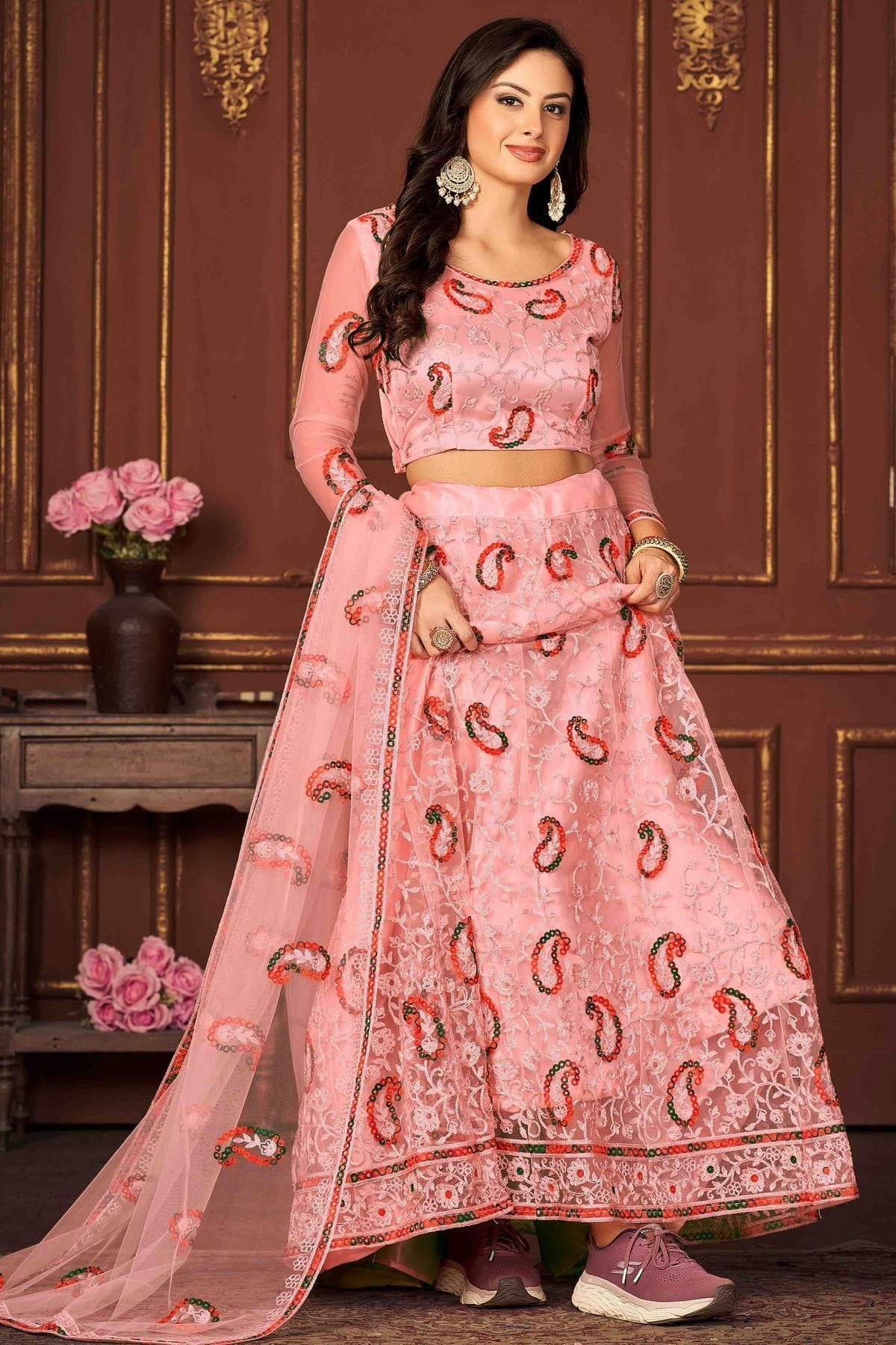 Peach Colour Net Semi Stitched Lehenga Choli LC1170068 A