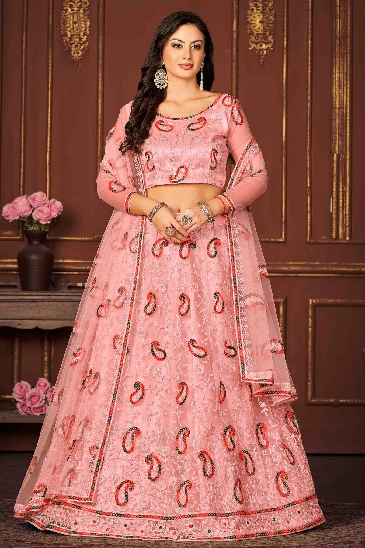 Peach Colour Net Semi Stitched Lehenga Choli LC1170068