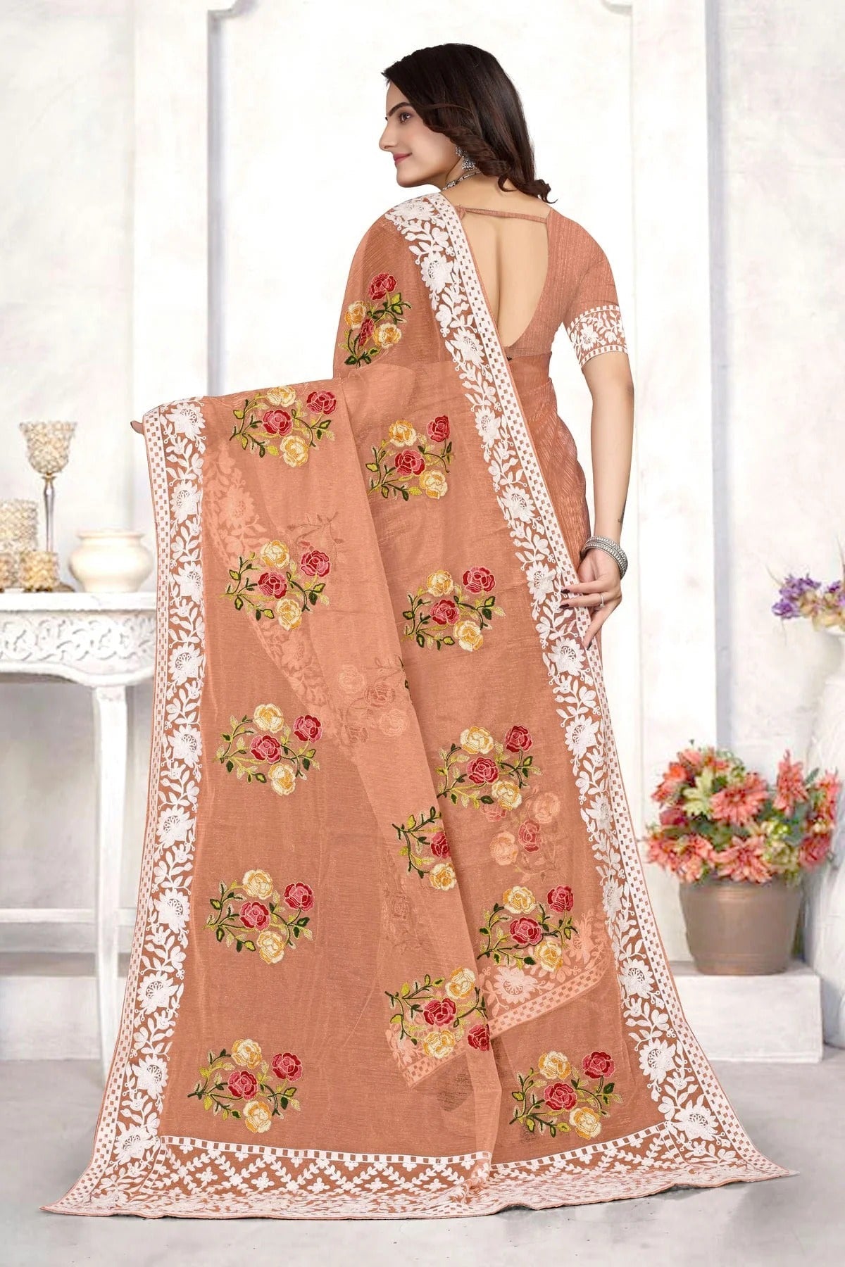 Peach Colour Organza Designer Saree LC1121535 A