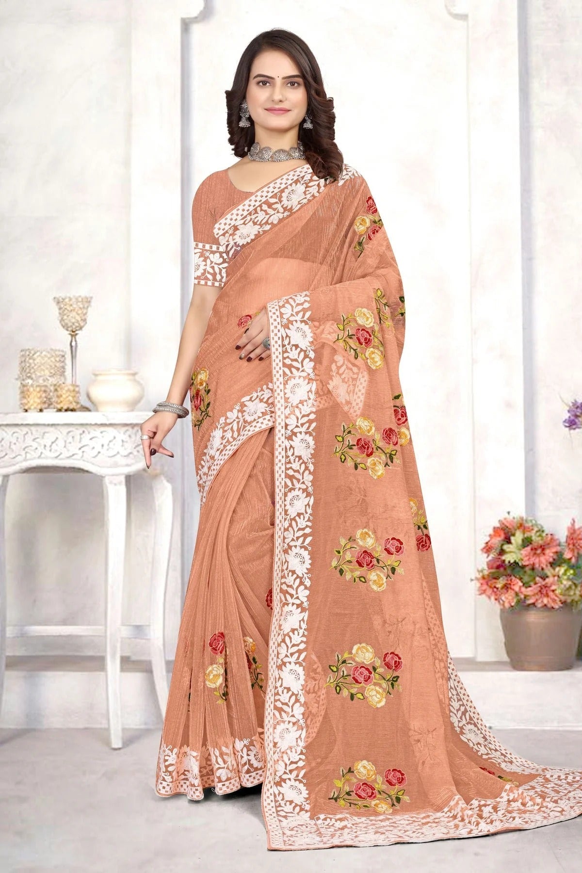 Peach Colour Organza Designer Saree LC1121535