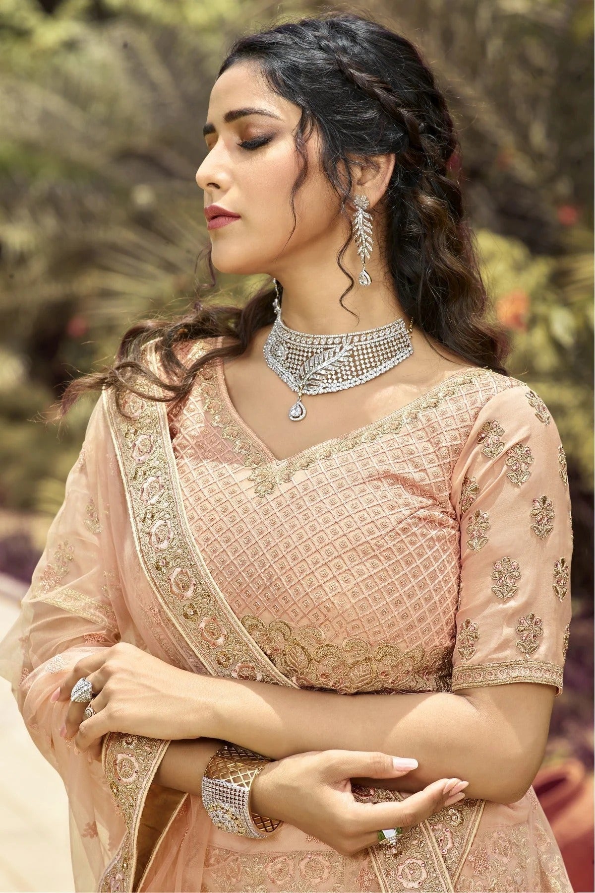 Peach Colour Organza Embroidery Bridal Lehenga Choli LC1080078 A