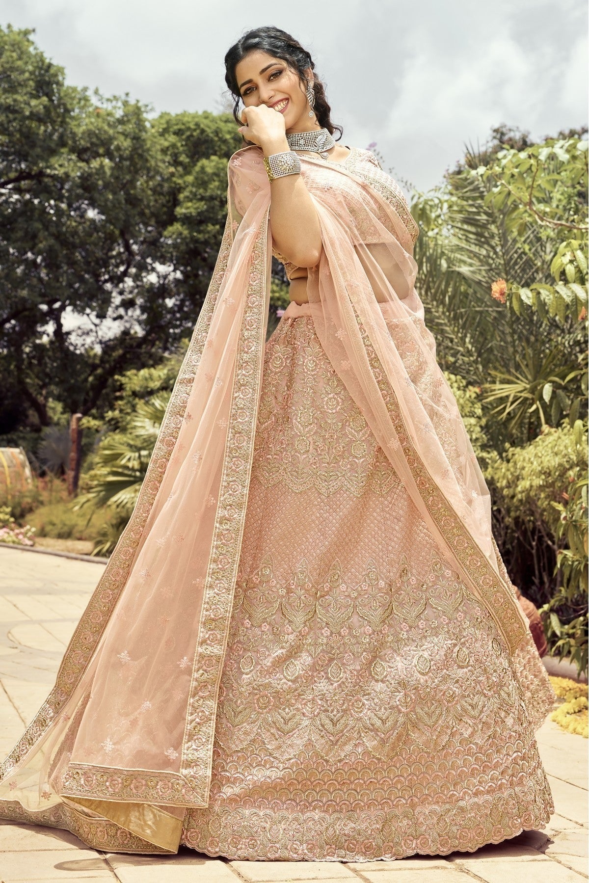 Peach Colour Organza Embroidery Bridal Lehenga Choli LC1080078