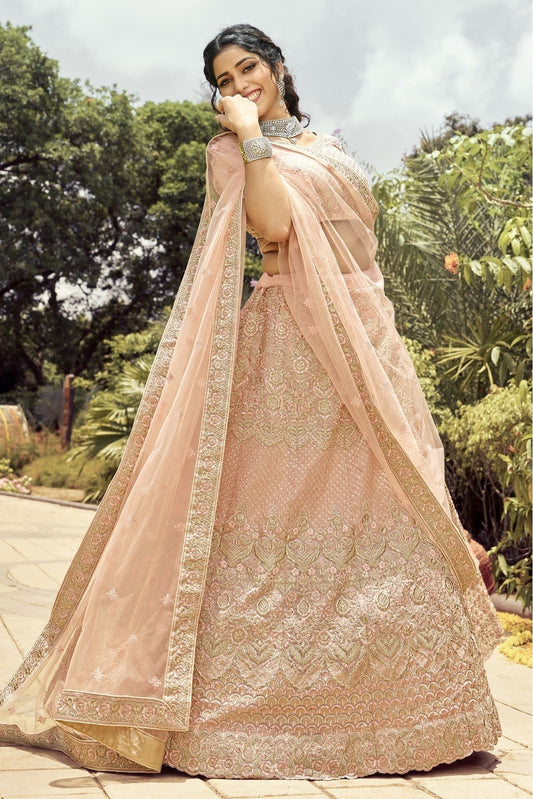 Peach Colour Organza Embroidery Bridal Lehenga Choli LC1080078