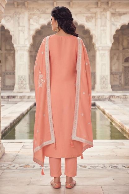 Peach Colour Organza Embroidery Work Pant Style Suit