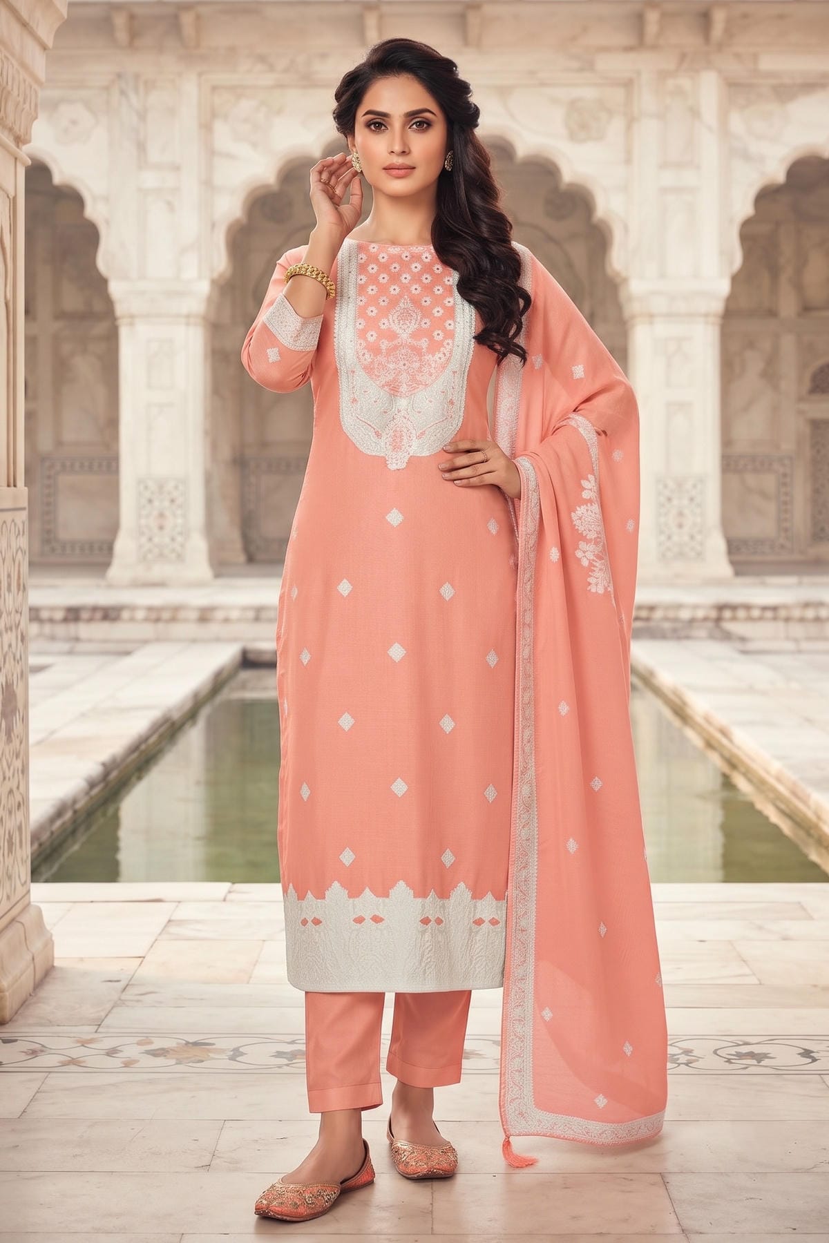 Peach Colour Organza Embroidery Work Pant Style Suit