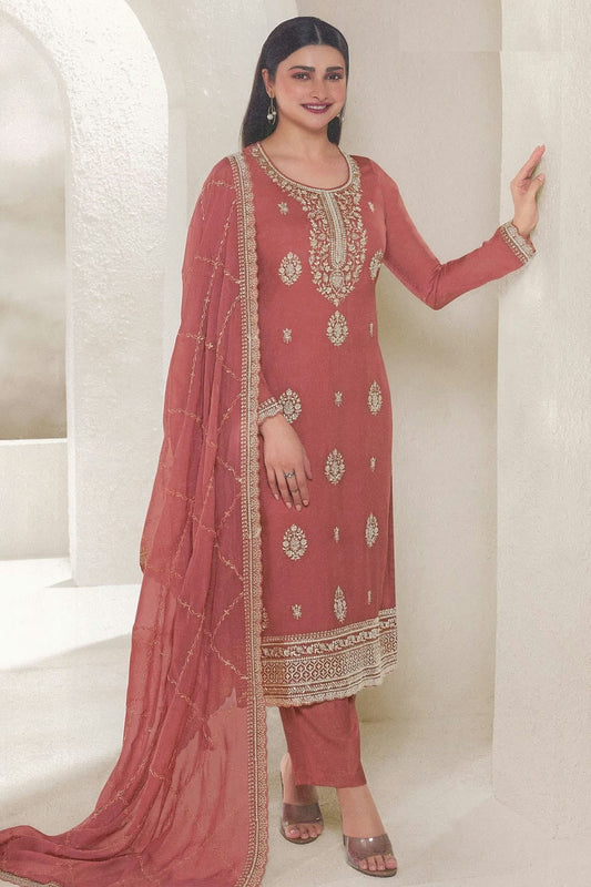Peach Colour Organza Straight Suit SM1110713