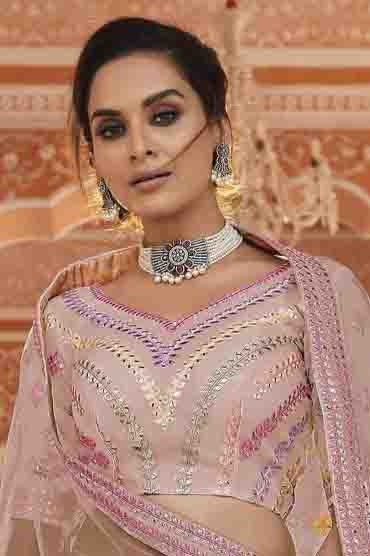 Peach Colour Organza Thread Work Lehenga Choli LC1080140 A